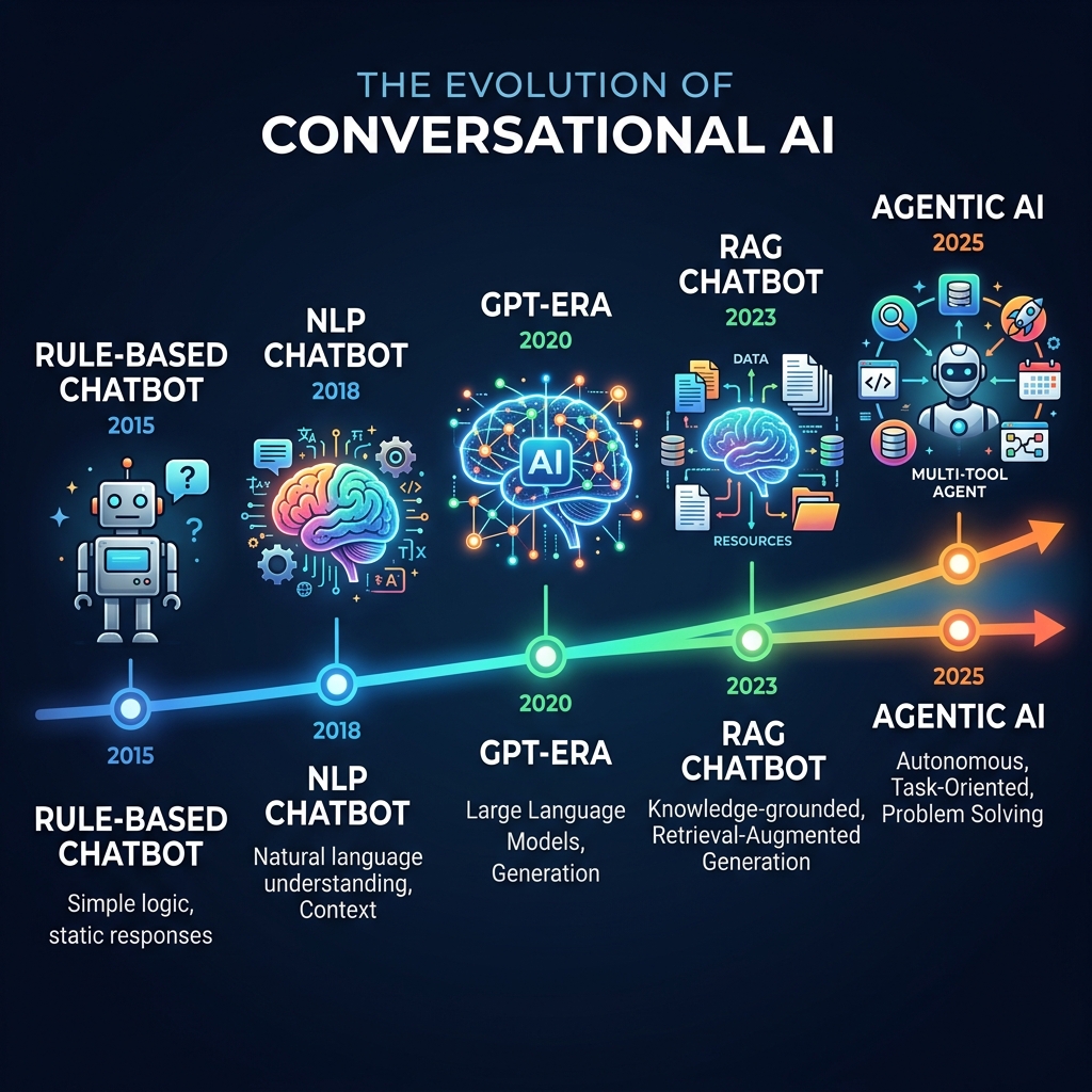 Timeline showing evolution from rule-based chatbots to agentic AI