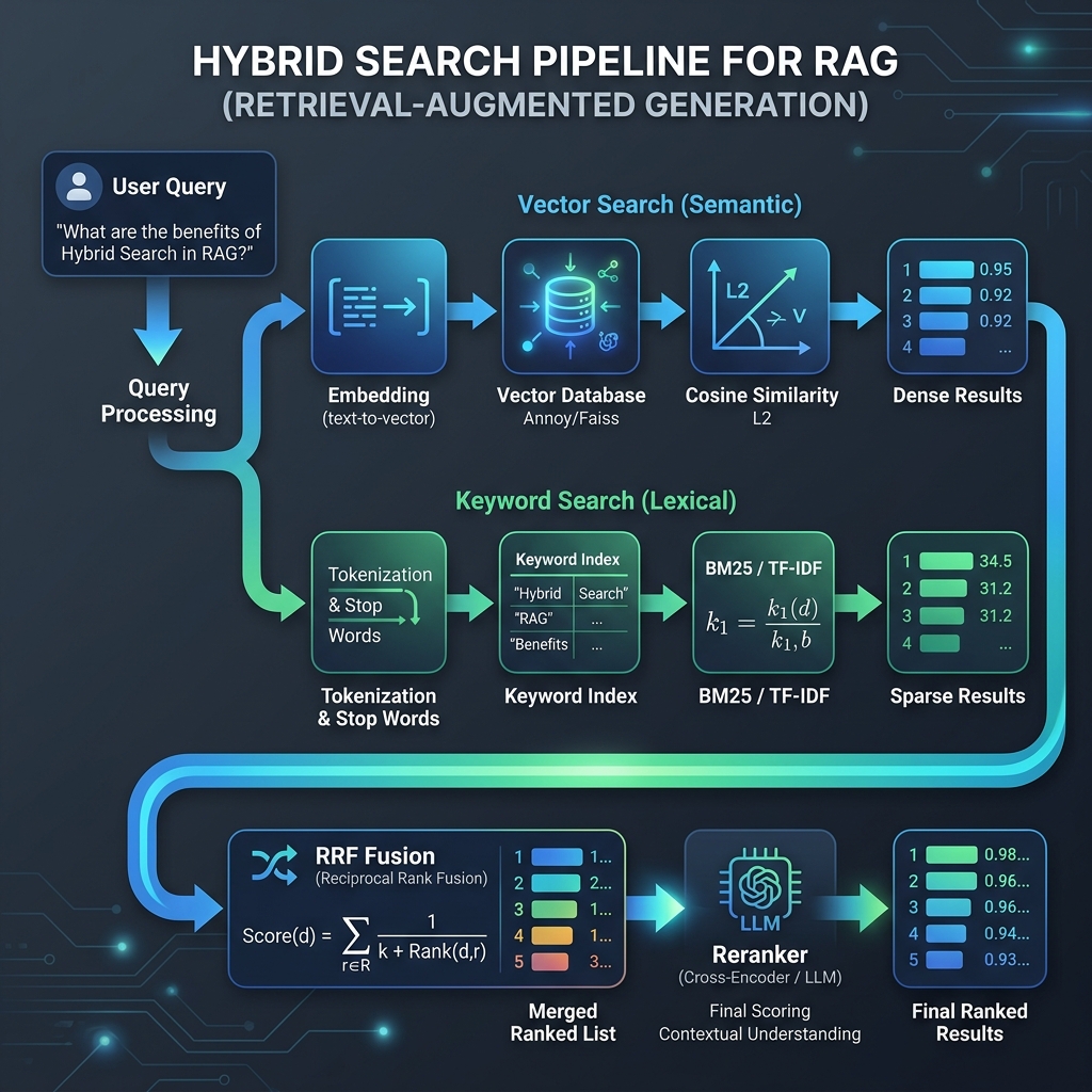 Hybrid search pipeline showing vector and keyword paths merging through RRF