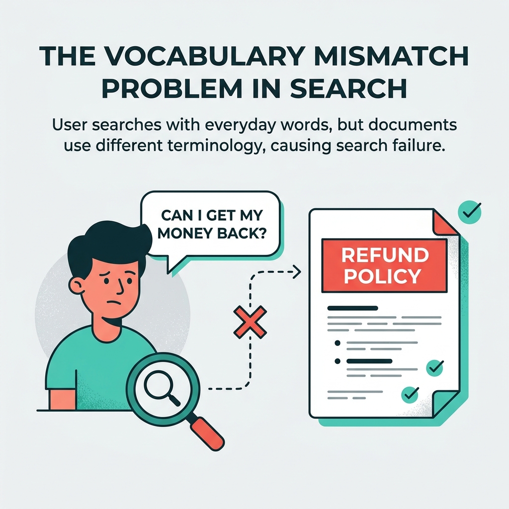 Vocabulary mismatch between user questions and knowledge base documents